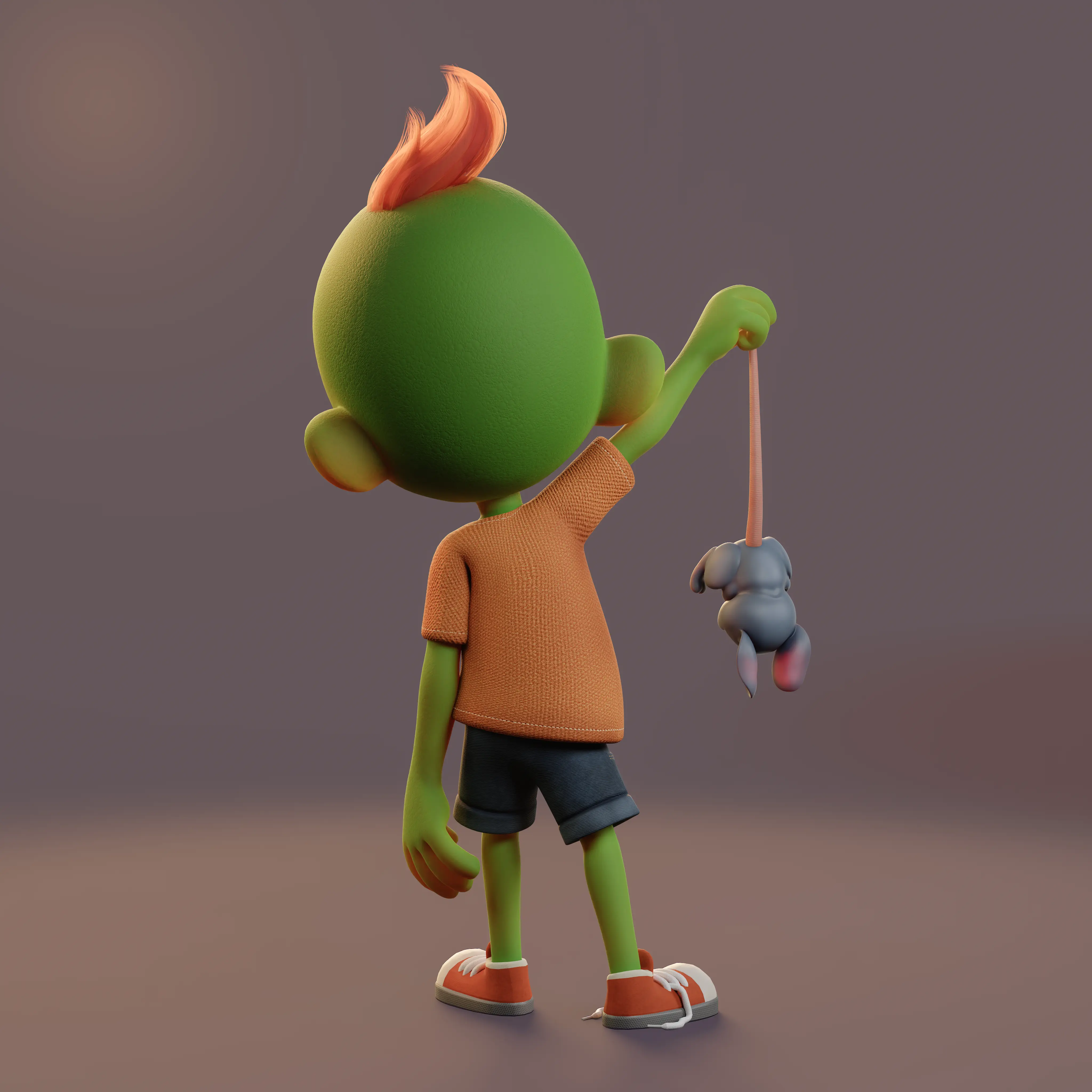 9mojis character holding small robot companion, back view in studio light