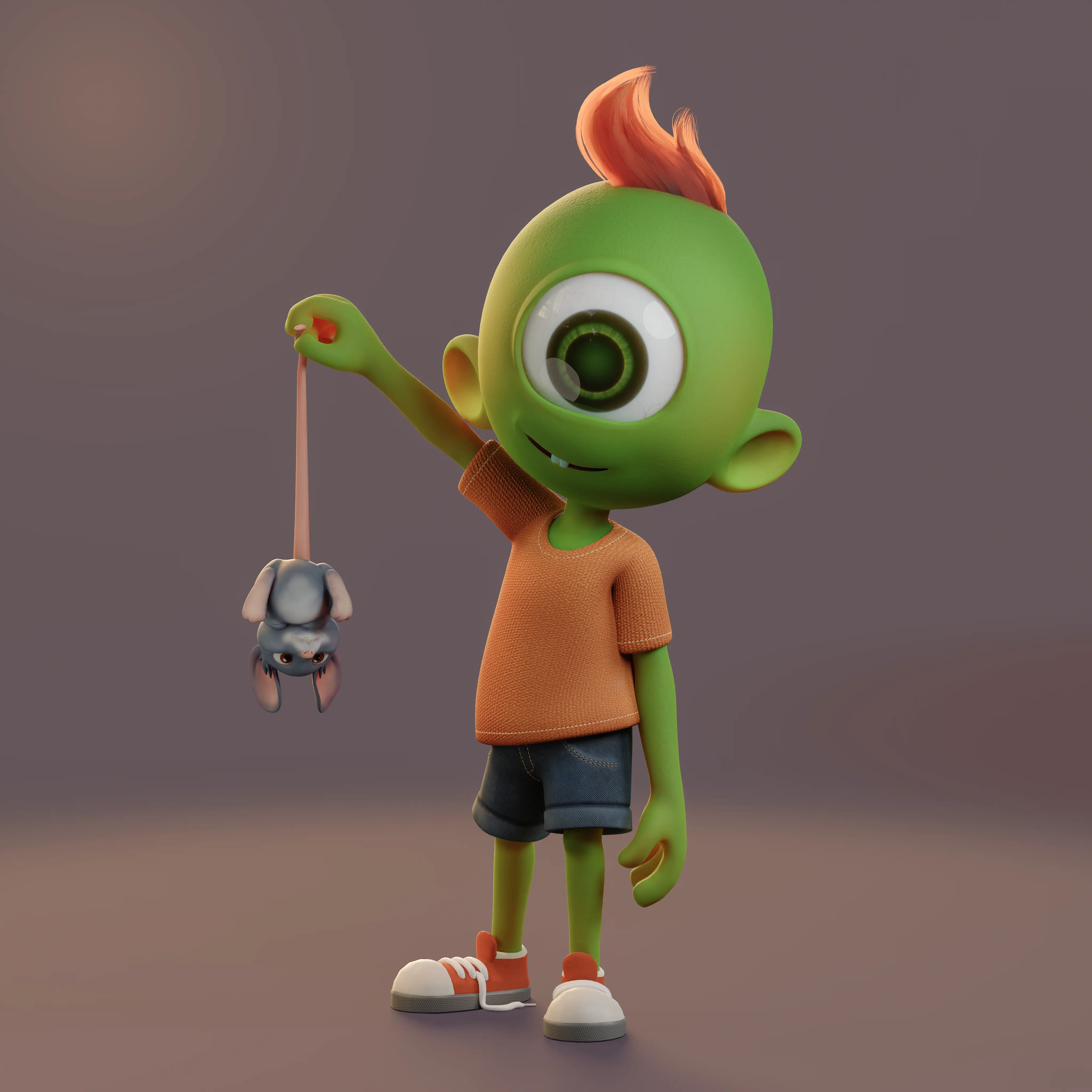 9mojis character holding small robot companion, front view in studio light