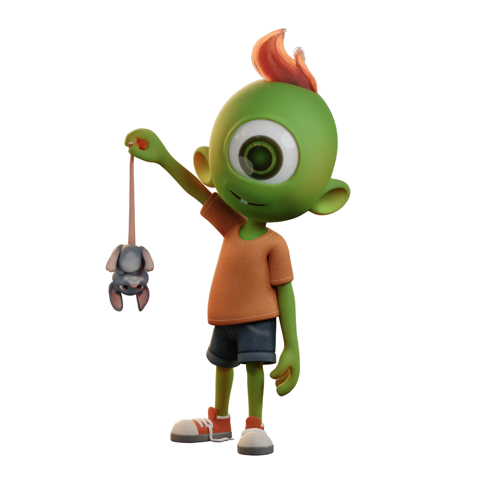 9mojis character holding small robot companion, front view