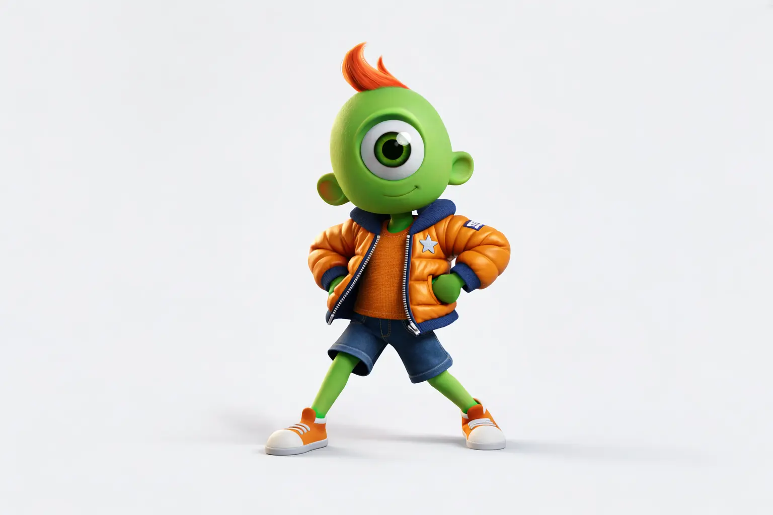9mojis hero character in orange jacket and backpack, hero pose