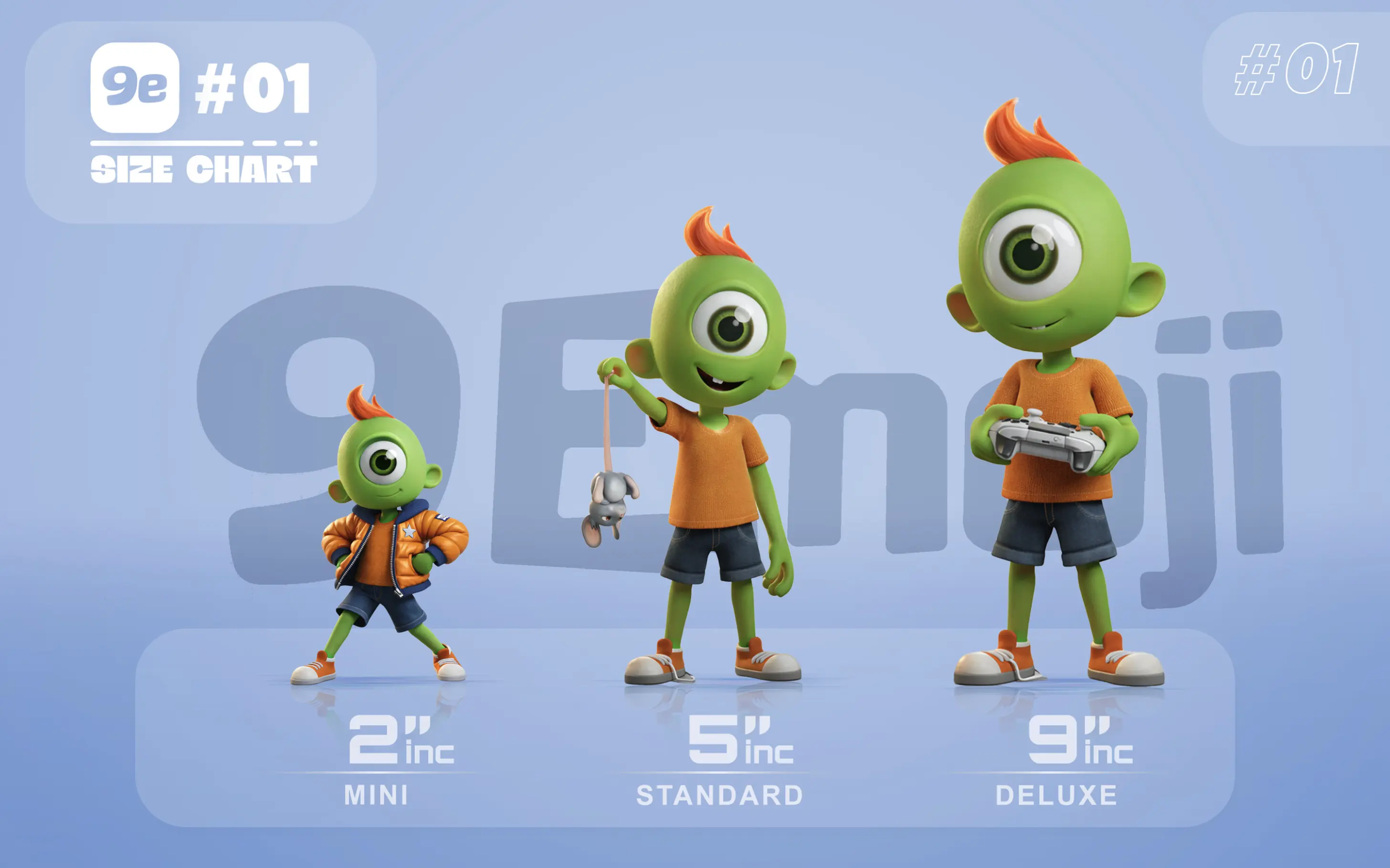 9mojis collectible size chart with dimensions for Mini, Standard, and Deluxe formats