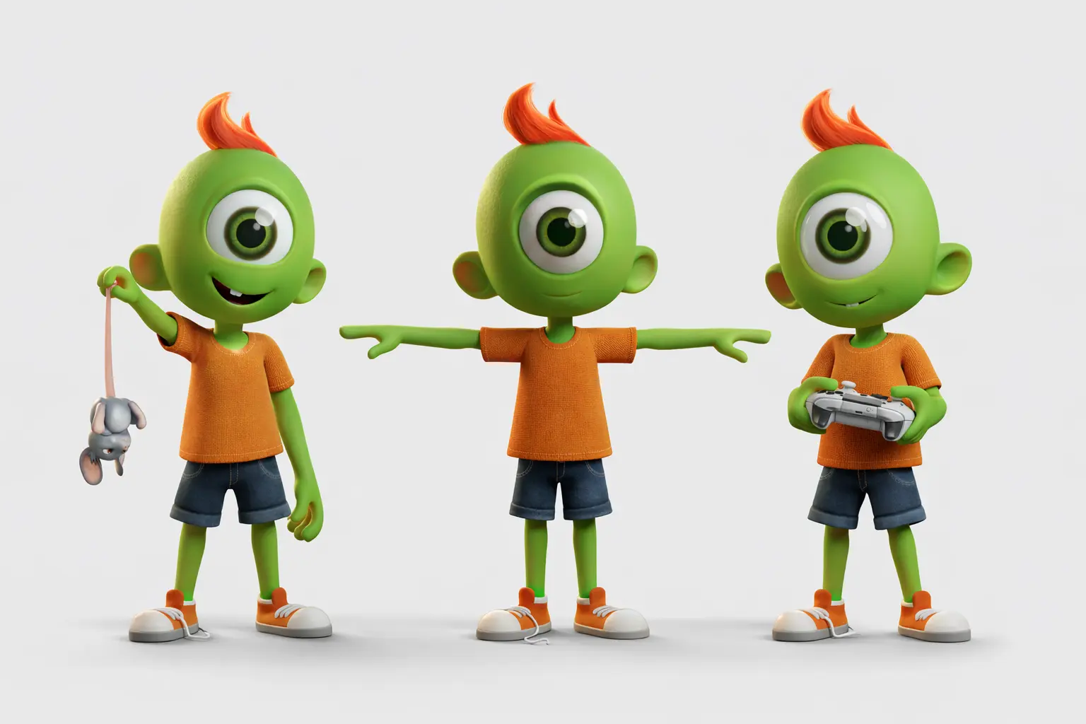9mojis character turnaround — front, side, and back views with companion prop